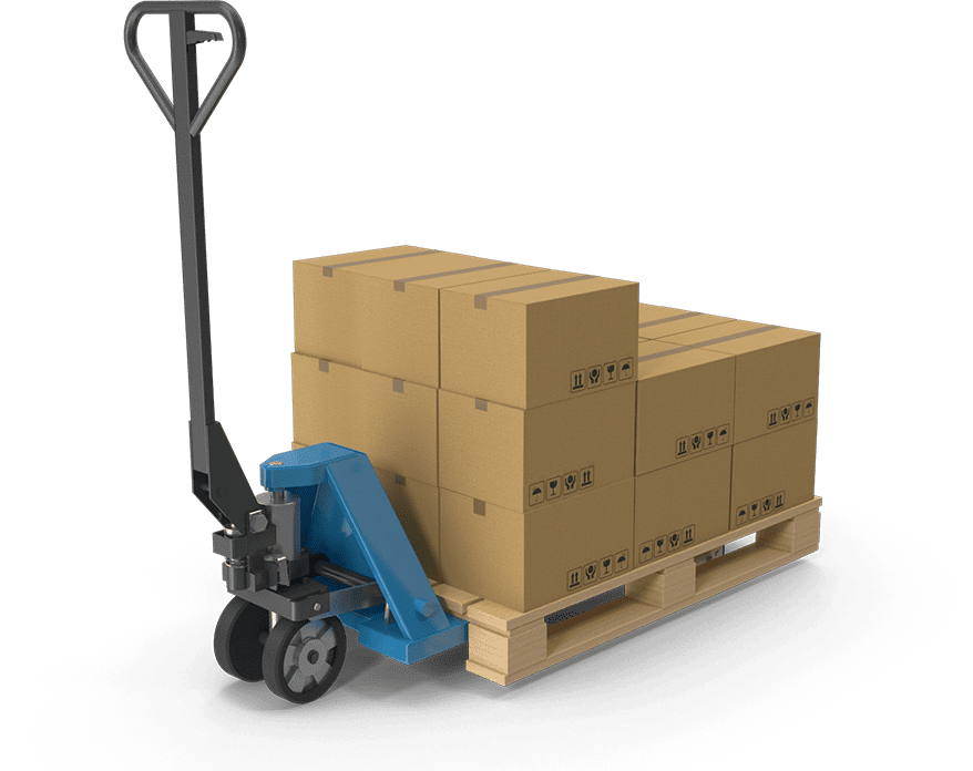 A pallet jack lifting a wooden pallet loaded with cardboard boxes.